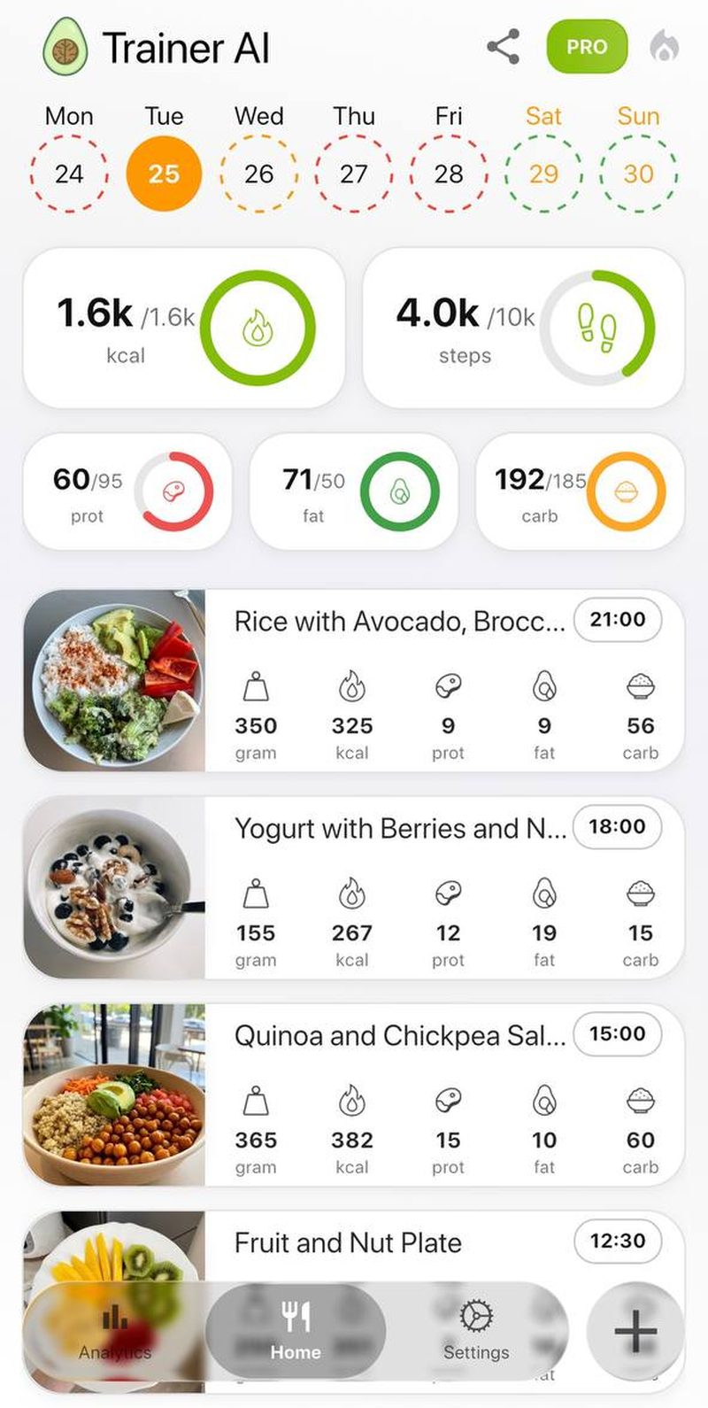 Trainer AI nutrition home with calories, macros, and logged meals