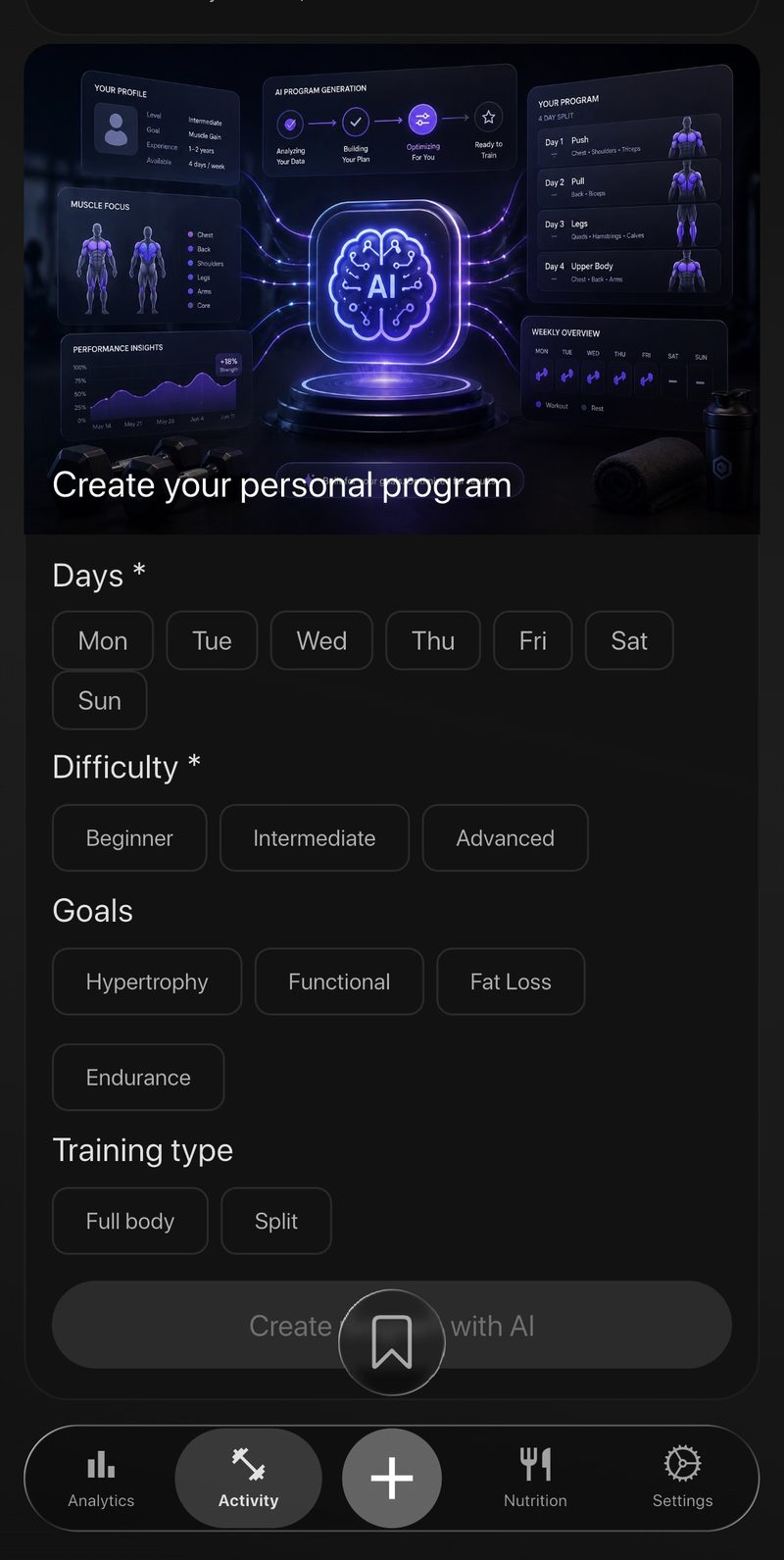 Creating a personal program with Trainer AI: days, difficulty, goals